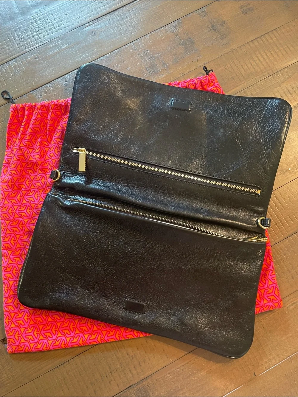 Like New Tory Burch Black Leather Clutch/Shoulder Bag with Gold Logo Accent